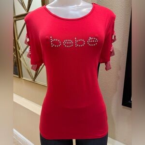 Bebe Women Teen Size L Top Red with Logo Cut Strap Sleeves. New with tags